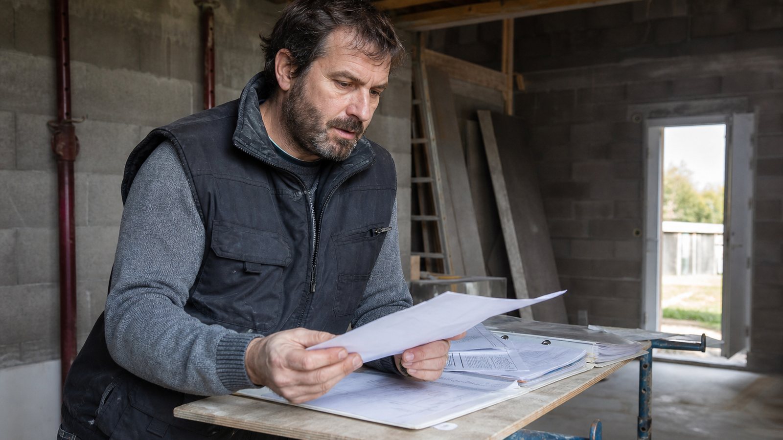 Artisan indépendant remettant son attestation d'assurance au conducteur de travaux sur un chantier
