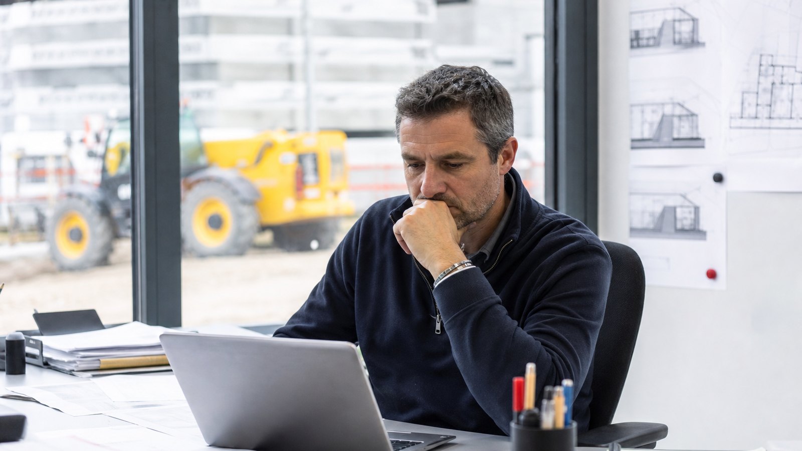 Responsable de chantier organisant ses documents sur un ordinateur