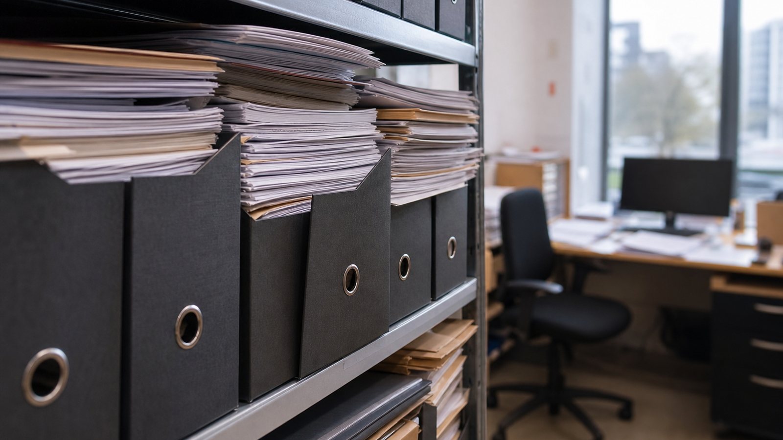 Dossiers de chantier archivés dans une armoire de bureau, classés par intervenant