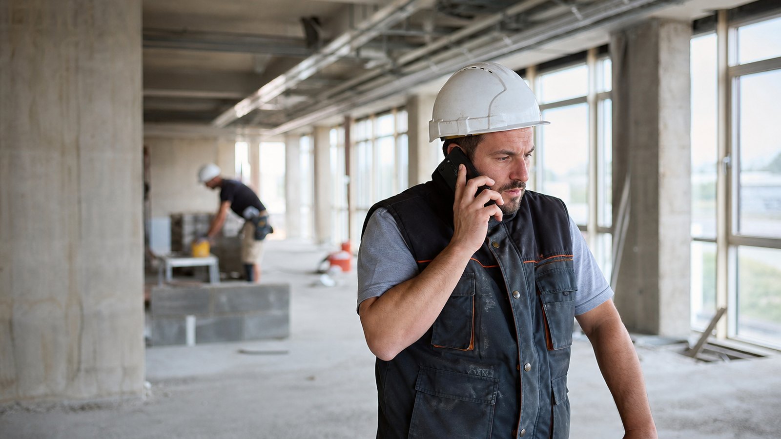 Conducteur de travaux au téléphone sur un chantier